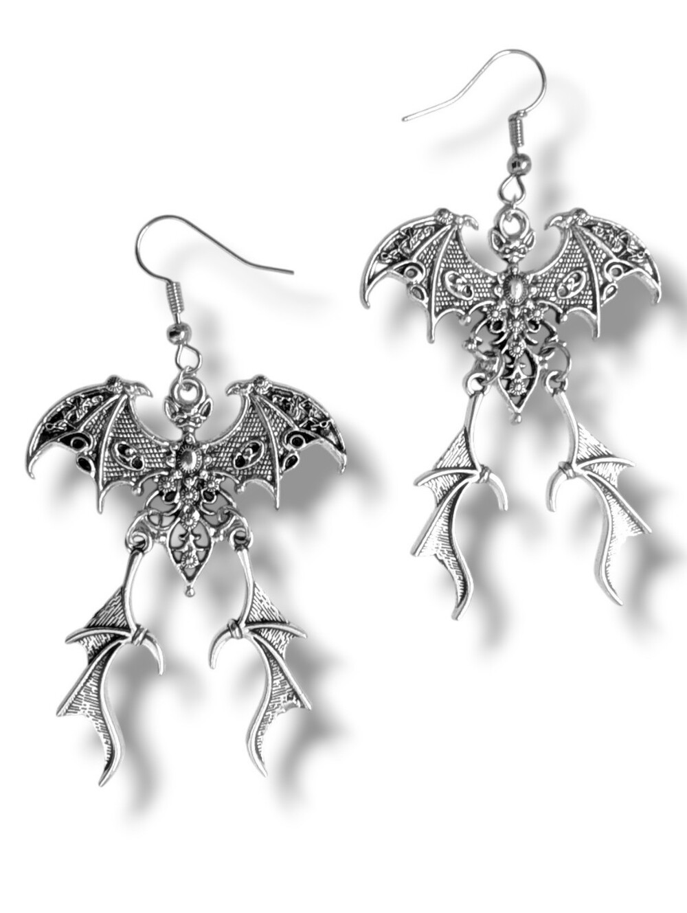 NWT Handmade Silver Bat And Dangly Silver Bat Wings Earrings
